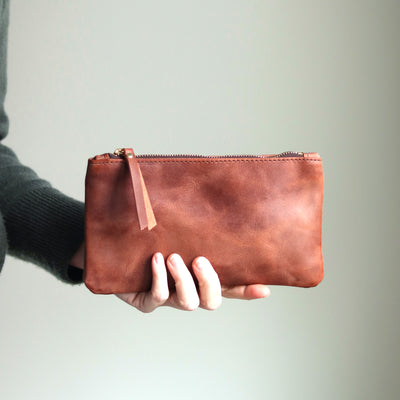 Personalized Leather Zip Clutch - Waxy Cognac Brown (Limited Edition)