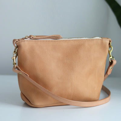Seconds Sale - Small Leather Convertible Crossbody Clutch Bag - Beige Pebble