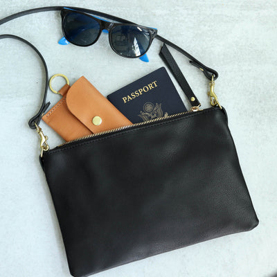 Small Leather Crossbody Clutch Bag - Black Pebble