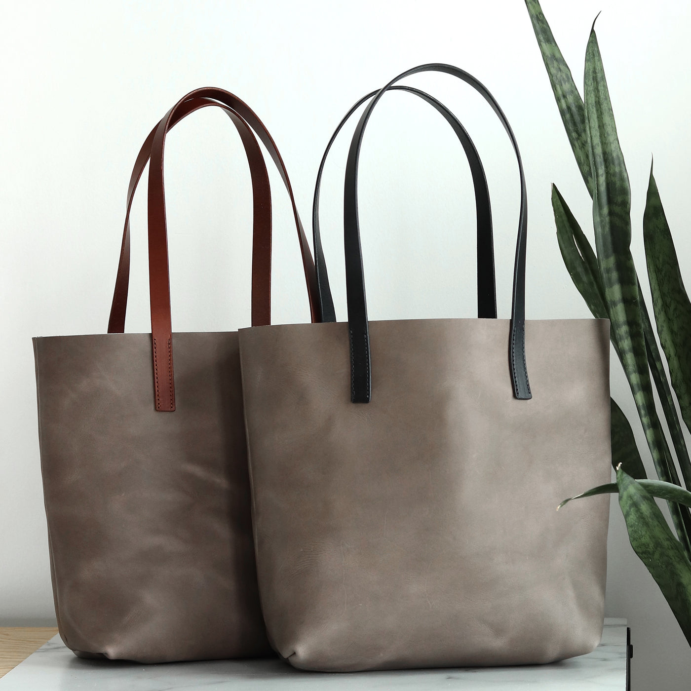 Minimalist Leather Tote - Gray with Brown Straps