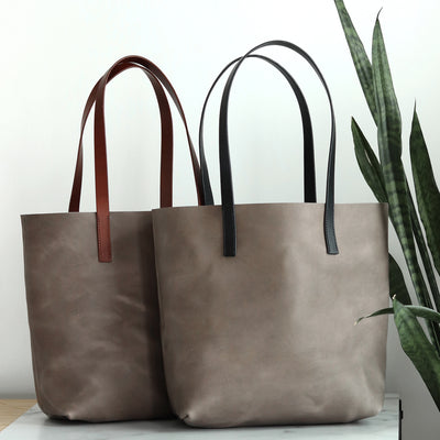 Minimalist Leather Tote - Gray with Brown Straps