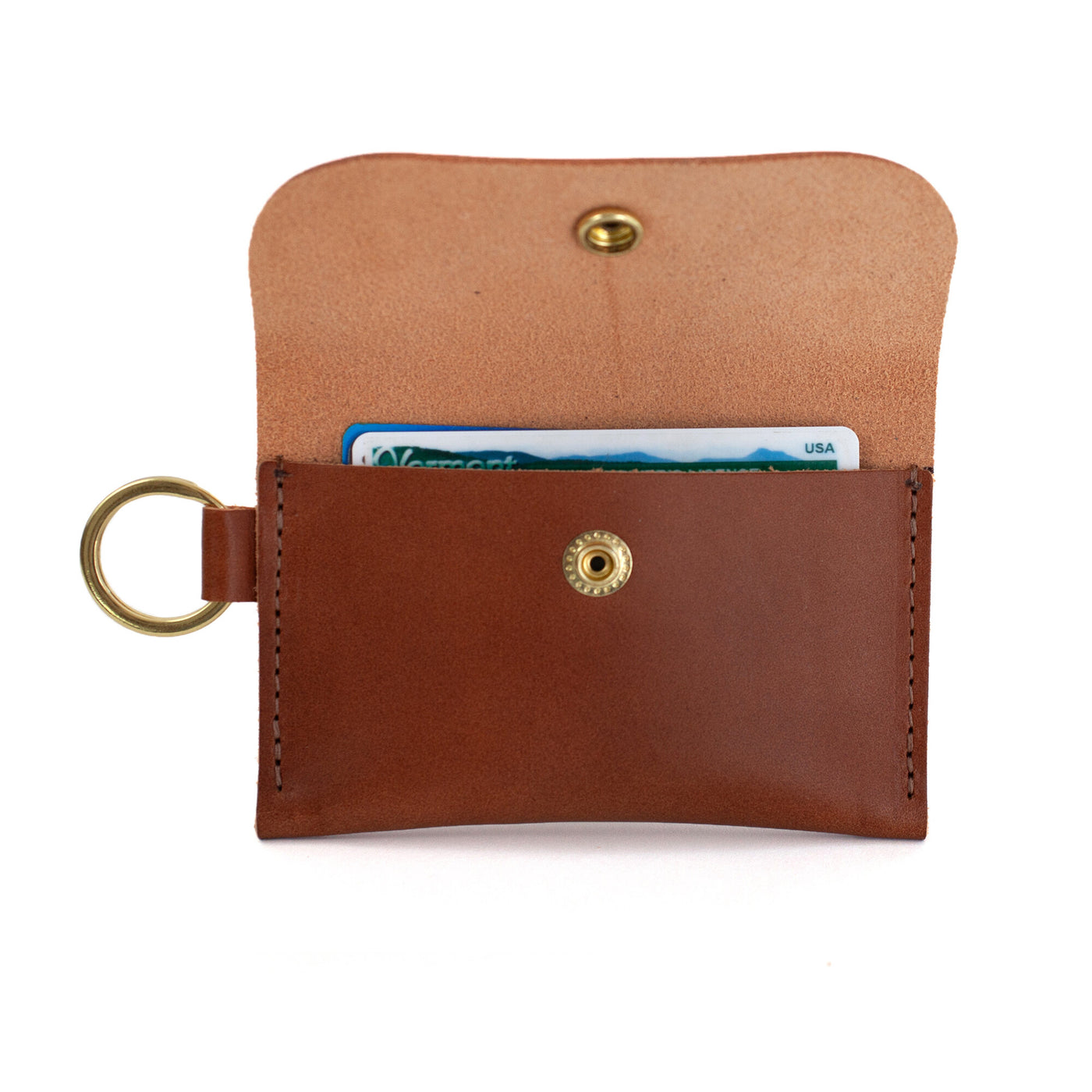 Leather Keyring Card Wallet with Monogram  - Cognac