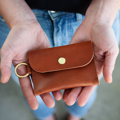 Leather Keyring Card Wallet with Monogram  - Cognac