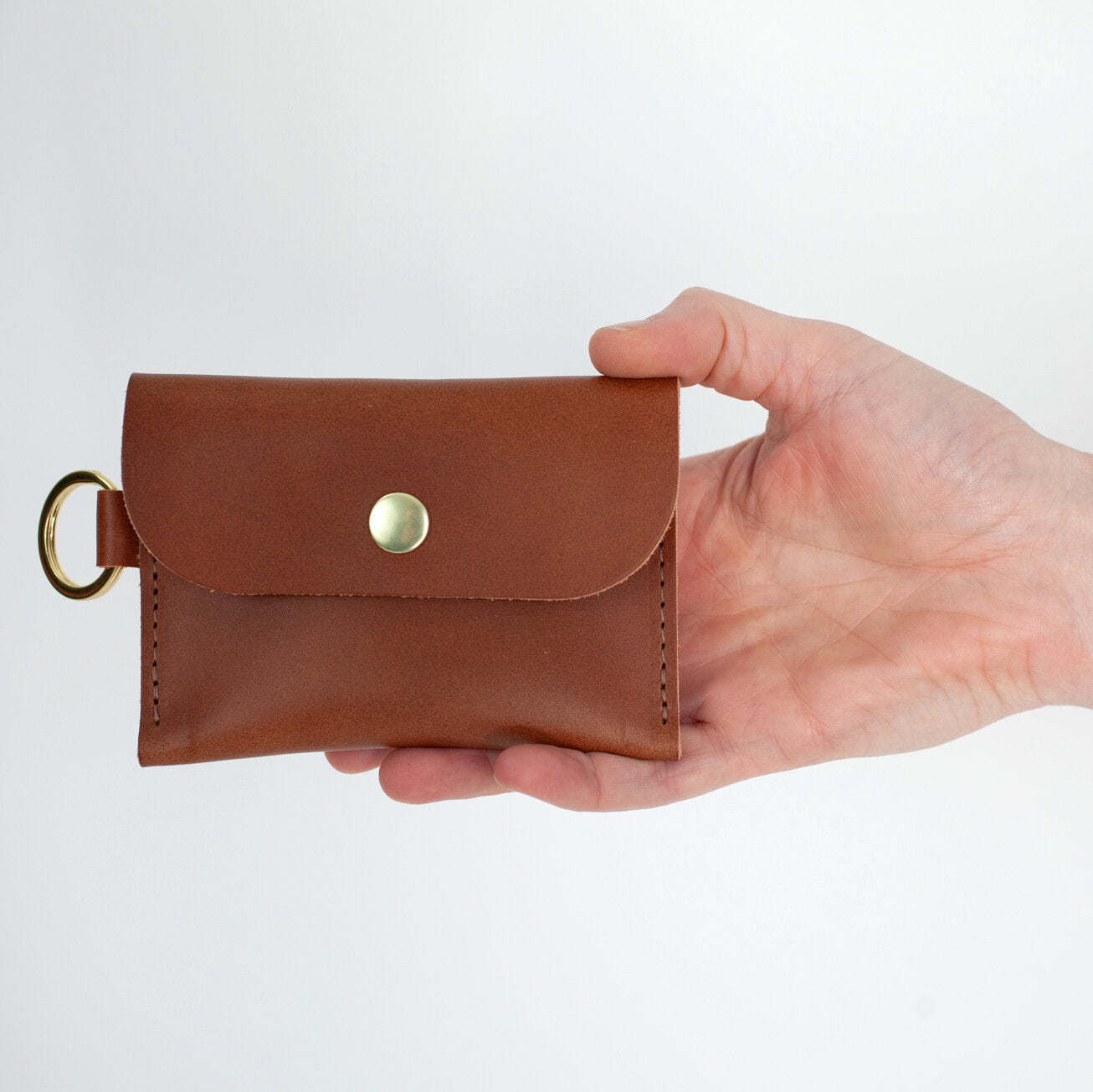 Leather Keyring Card Wallet with Monogram  - Cognac