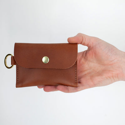 Leather Keyring Card Wallet with Monogram  - Cognac