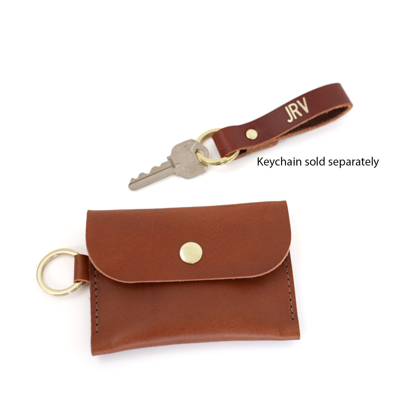 Leather Keyring Card Wallet with Monogram  - Cognac