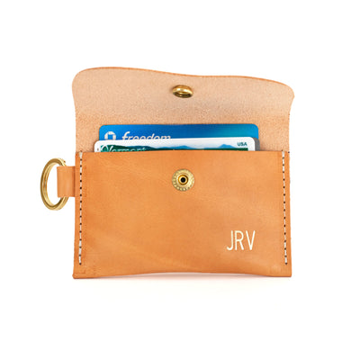 Leather Keyring Card Wallet with Monogram  - Natural Beige