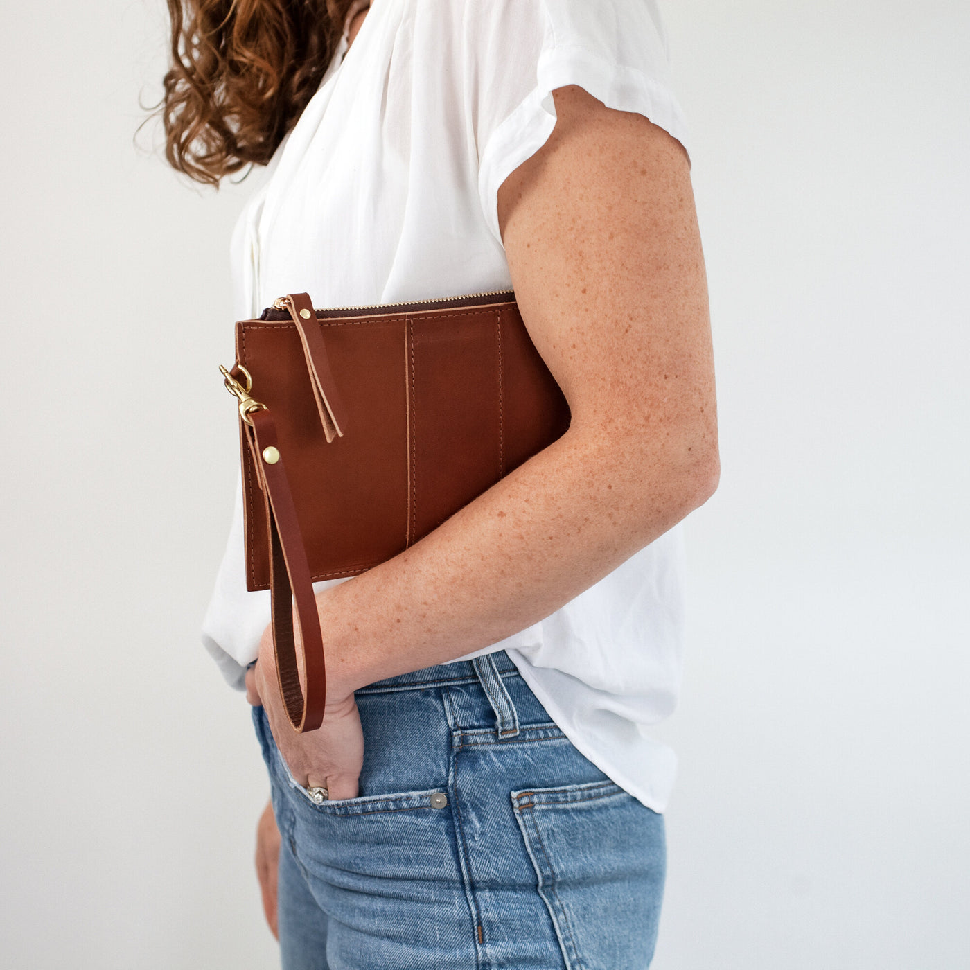 Monogrammed Leather Clutch Wristlet - Brown