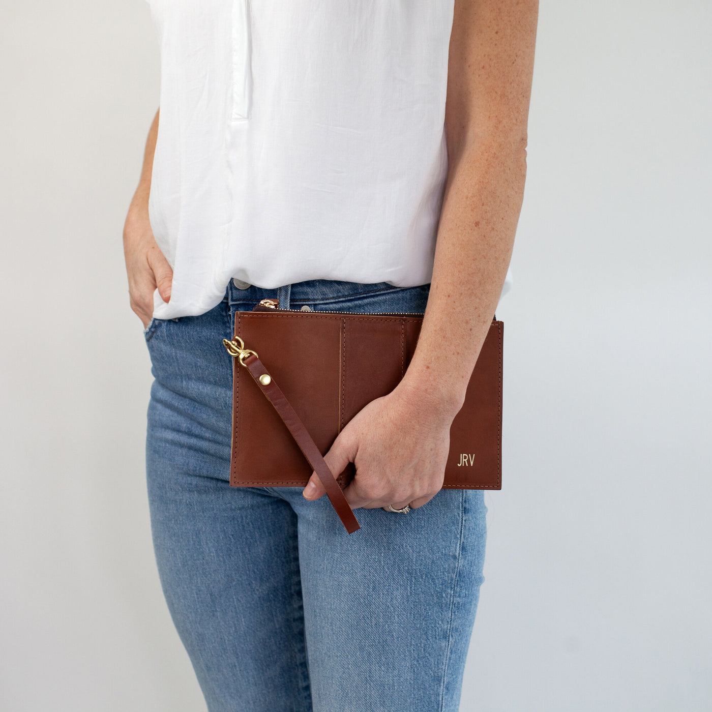 Monogrammed Leather Clutch Wristlet - Brown