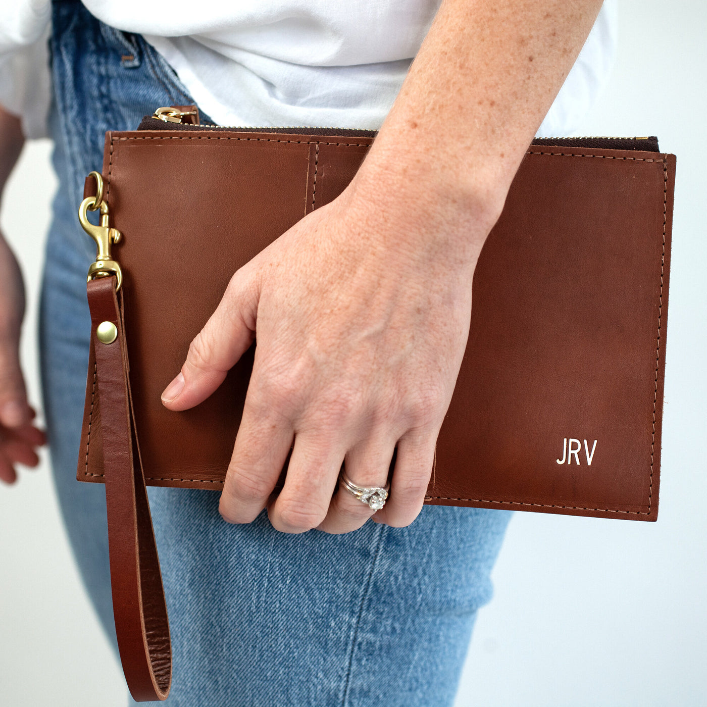 Monogrammed Leather Clutch Wristlet - Brown