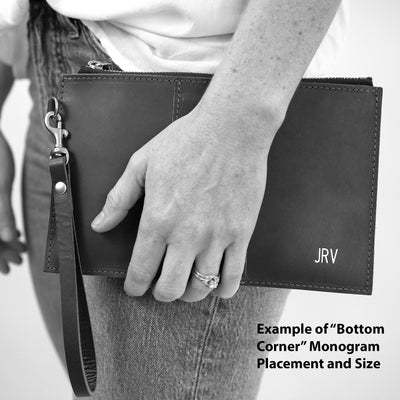 Monogrammed Leather Clutch Wristlet - Black