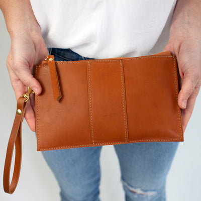 Monogrammed Leather Clutch Wristlet - Tan