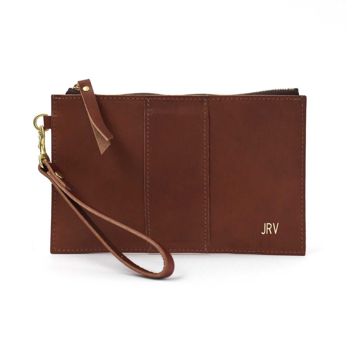 Monogrammed Leather Clutch Wristlet Brown