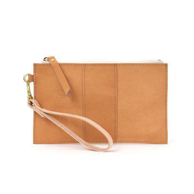 Monogrammed Leather Clutch Wristlet - Beige