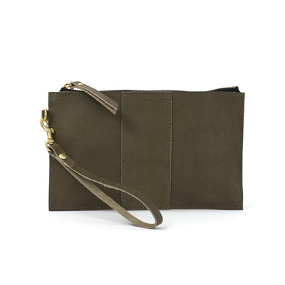 Monogrammed Leather Clutch Wristlet - Olive Green