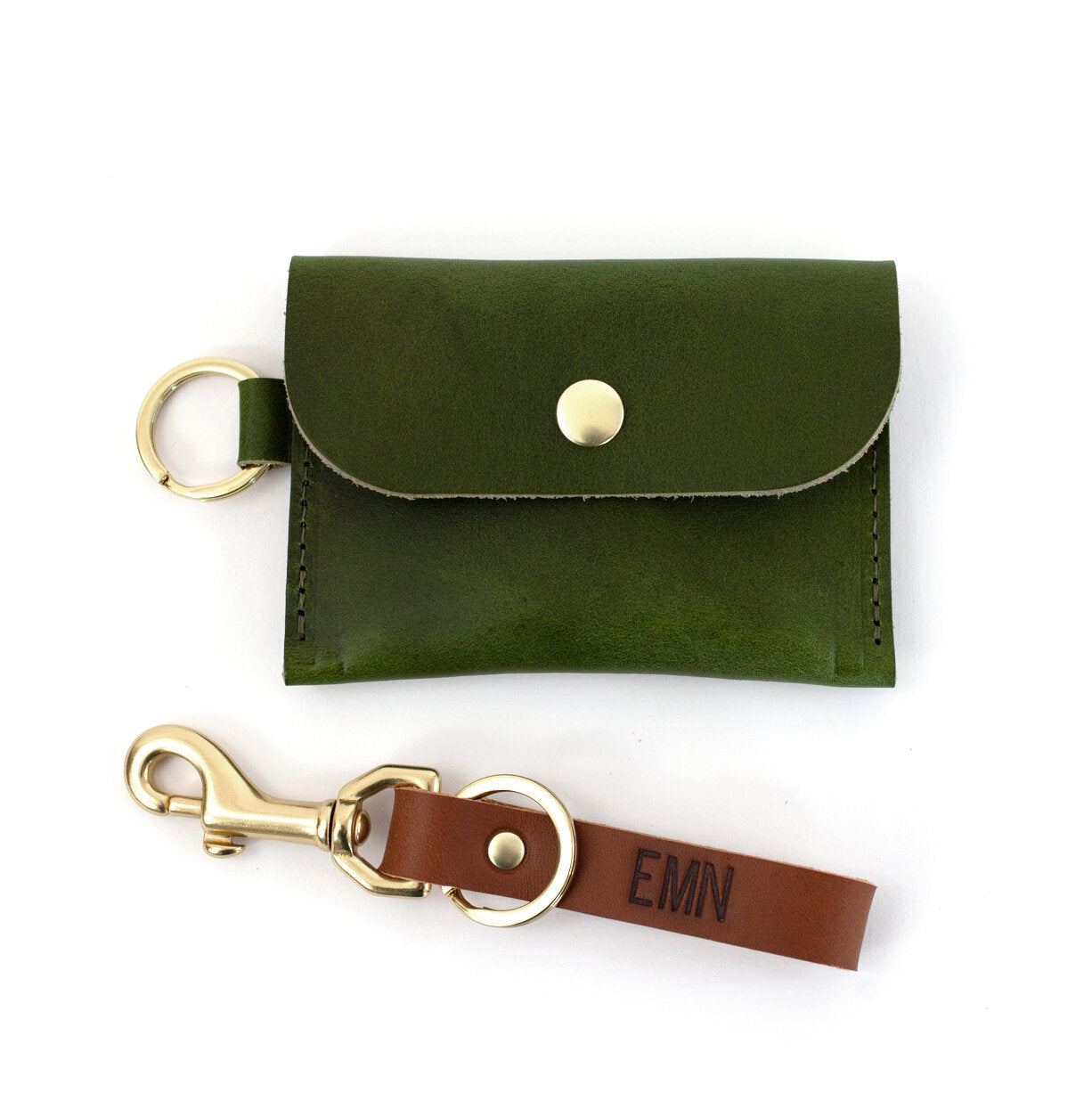 Leather Keyring Card Wallet with Monogram  - Green