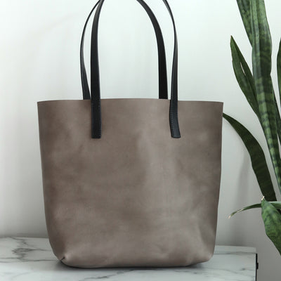 Minimalist Leather Tote - Gray with Black Straps