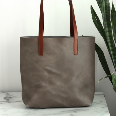 Minimalist Leather Tote - Gray with Brown Straps