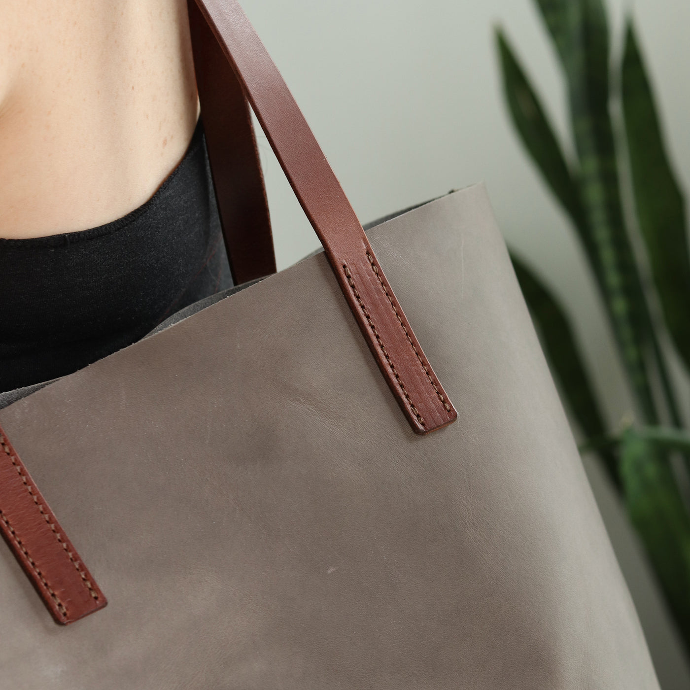 Minimalist Leather Tote - Gray with Brown Straps