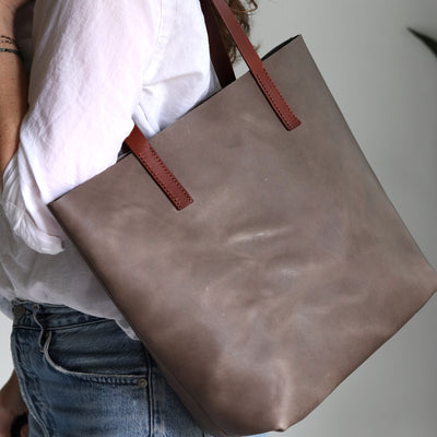 Minimalist Leather Tote - Gray with Brown Straps