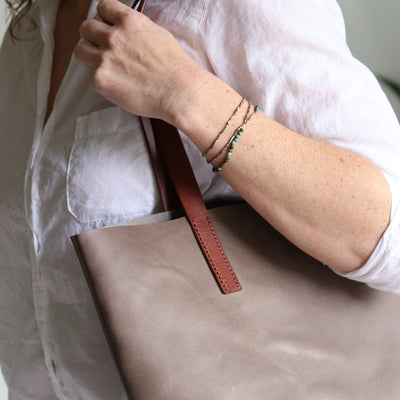 Minimalist Leather Tote - Gray with Brown Straps