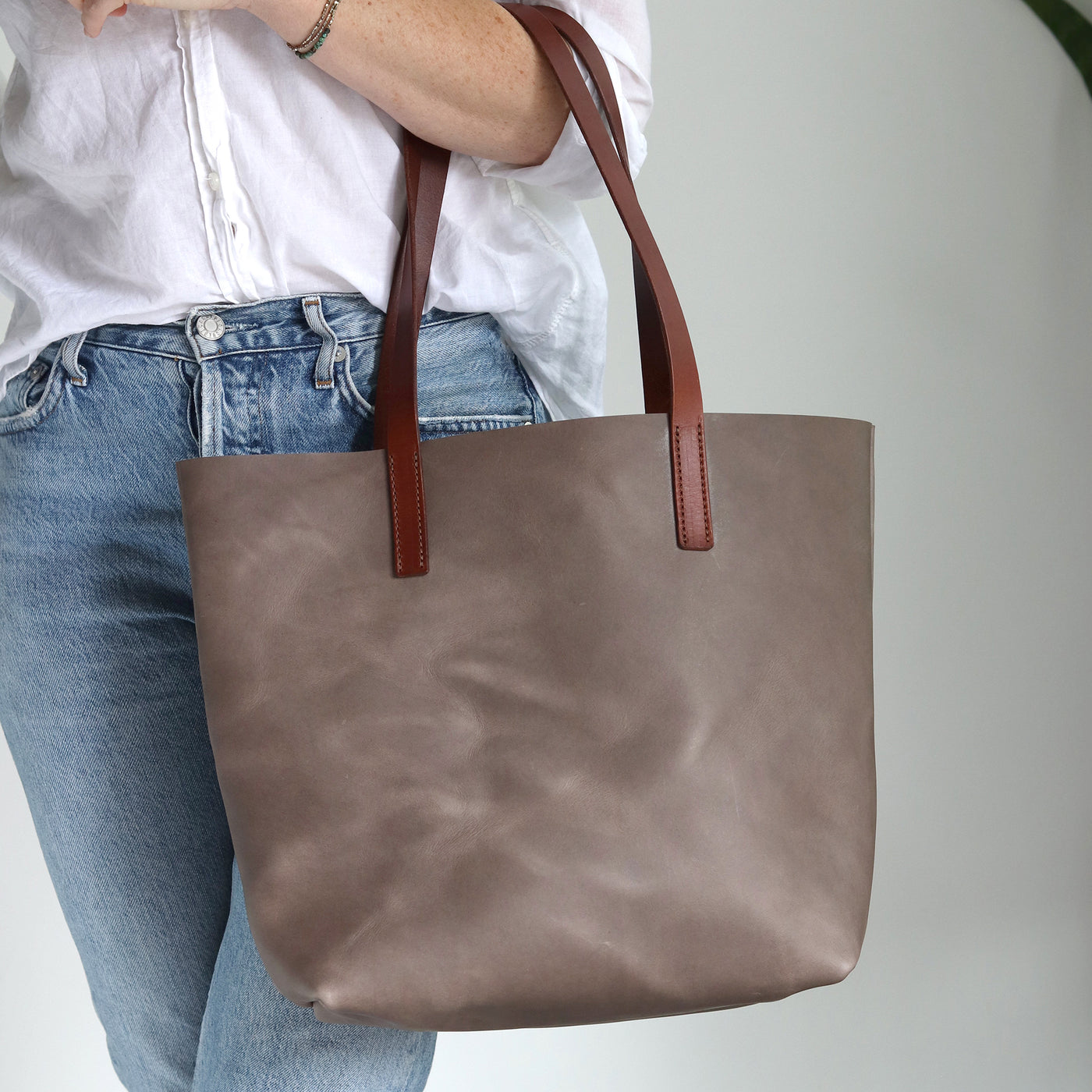 Minimalist Leather Tote - Gray with Brown Straps