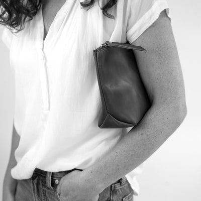 Monogrammed Leather Makeup Bag - Black Pebble