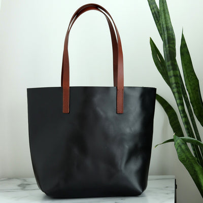 Minimalist Leather Tote - Luxe Black with Brown Straps