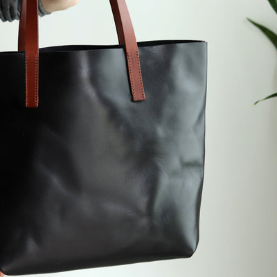 Seconds Sale - Minimalist Leather Tote - Luxe Black with Brown Straps