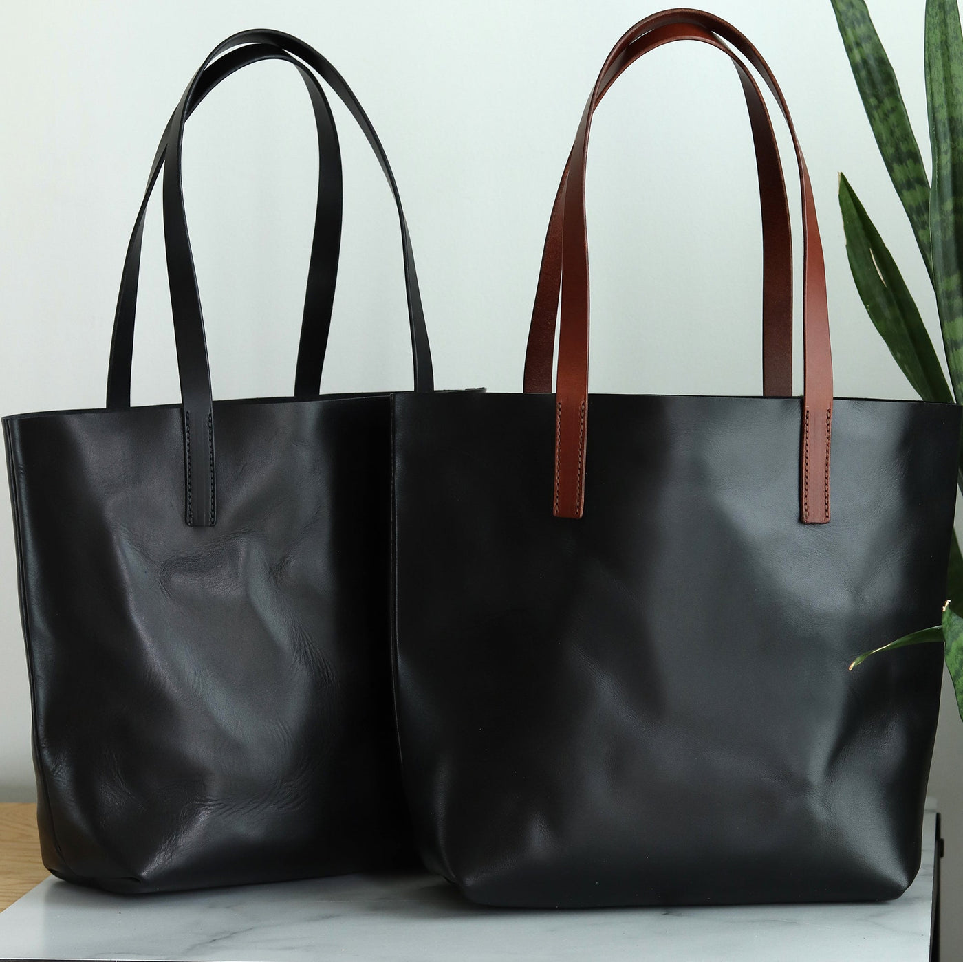 Seconds Sale - Minimalist Leather Tote - Luxe Black with Brown Straps