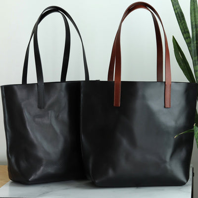 Seconds Sale - Minimalist Leather Tote - Luxe Black with Brown Straps