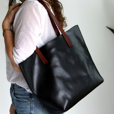 Minimalist Leather Tote - Luxe Black with Brown Straps