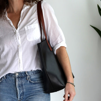 Minimalist Leather Tote - Luxe Black with Brown Straps