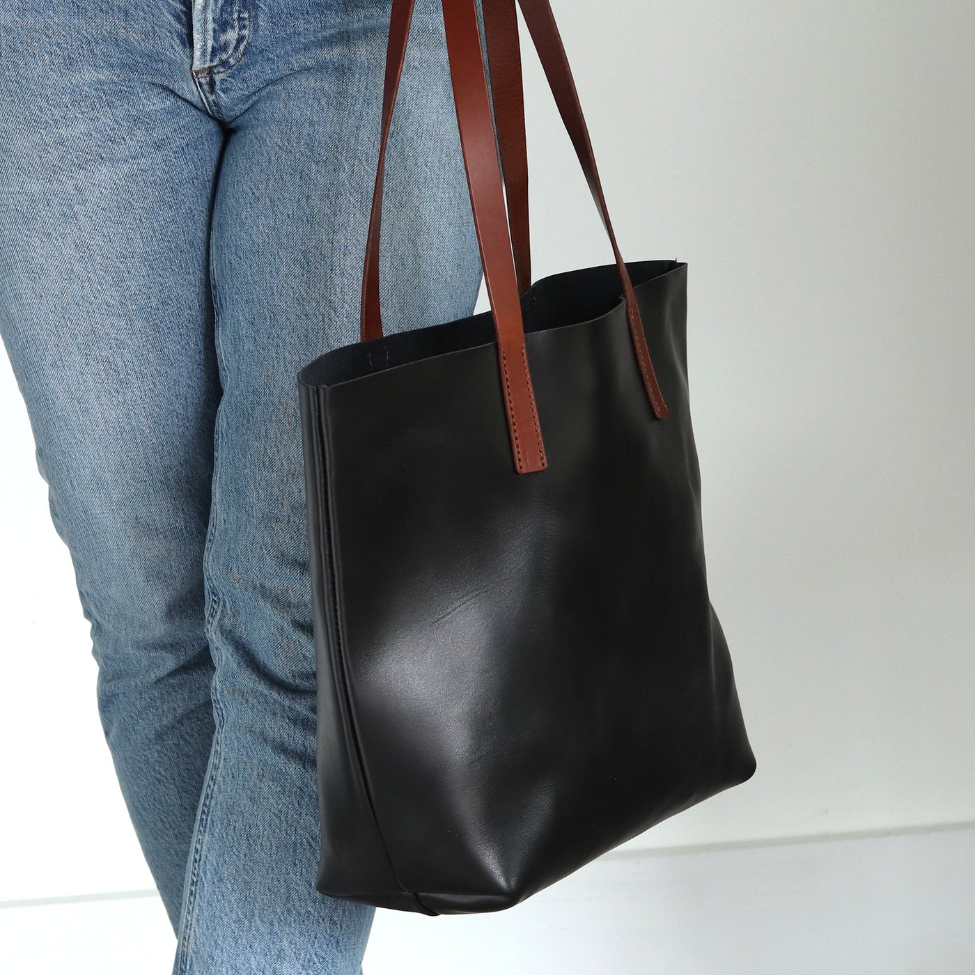 Seconds Sale - Minimalist Leather Tote - Luxe Black with Brown Straps