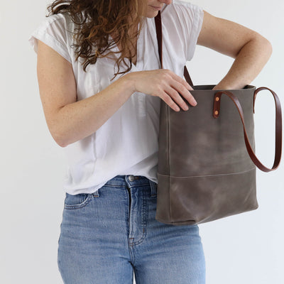 Work Tote in Italian Vegetable Tanned Leather - Gray