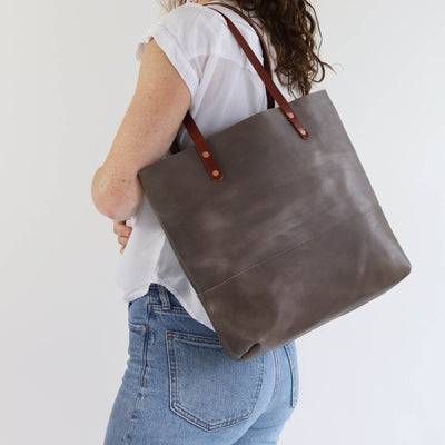 Work Tote in Italian Vegetable Tanned Leather - Gray