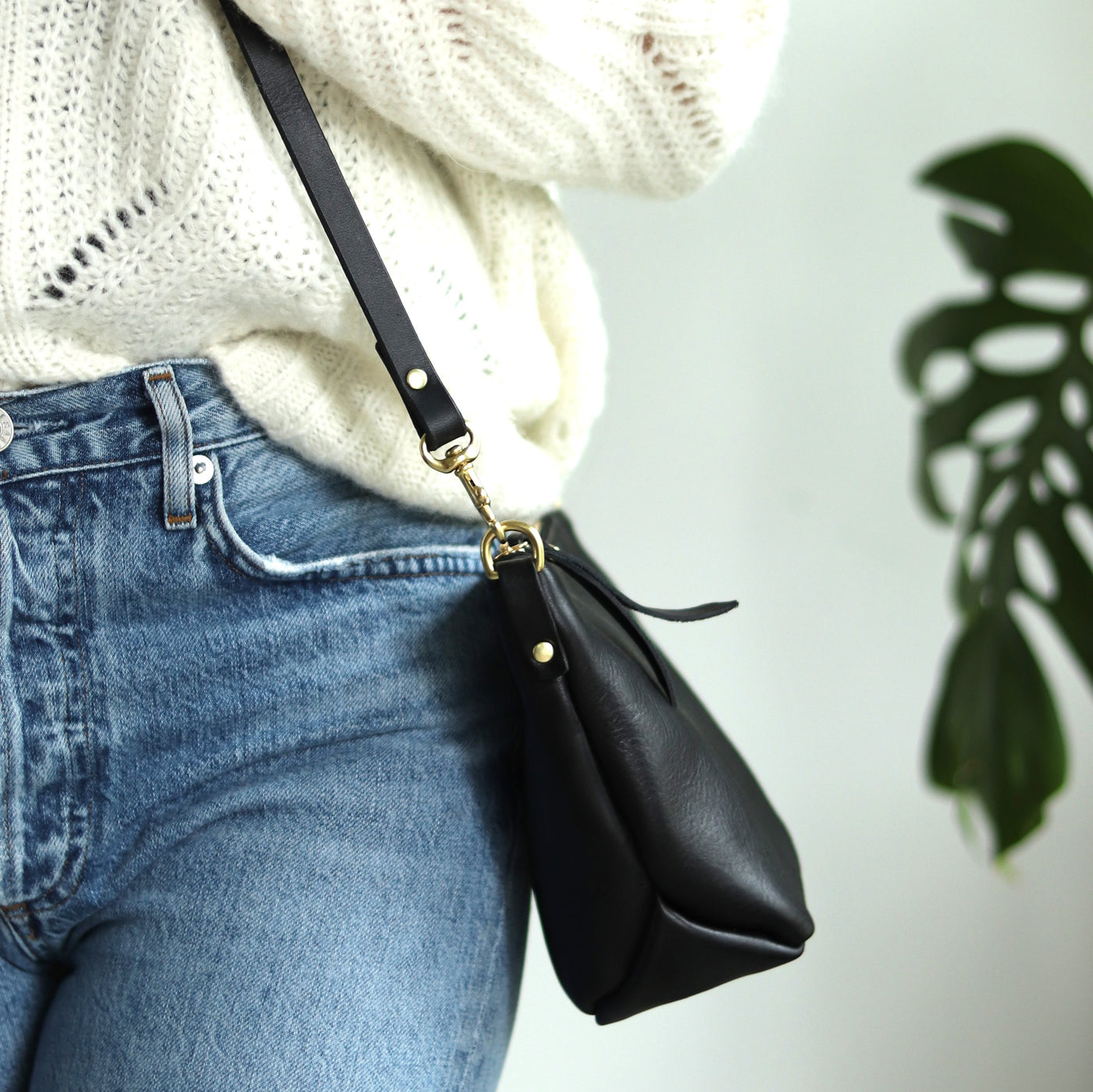 Black Leather Hip Bag With Studs Small Convertible Crossbody 