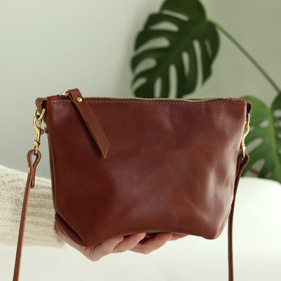 Small Leather Convertible Crossbody Clutch Bag - Brown