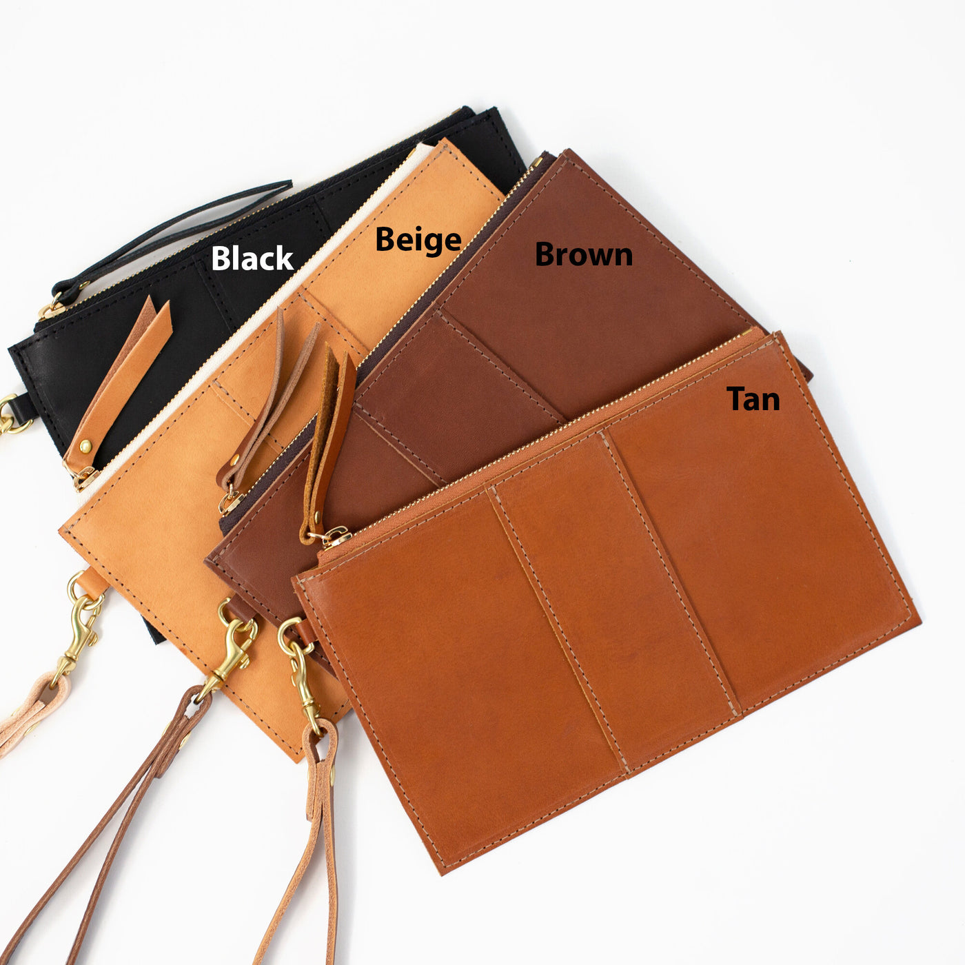 Monogrammed Leather Clutch Wristlet - Beige
