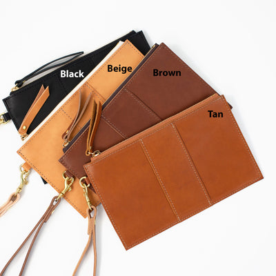 Monogrammed Leather Clutch Wristlet - Beige