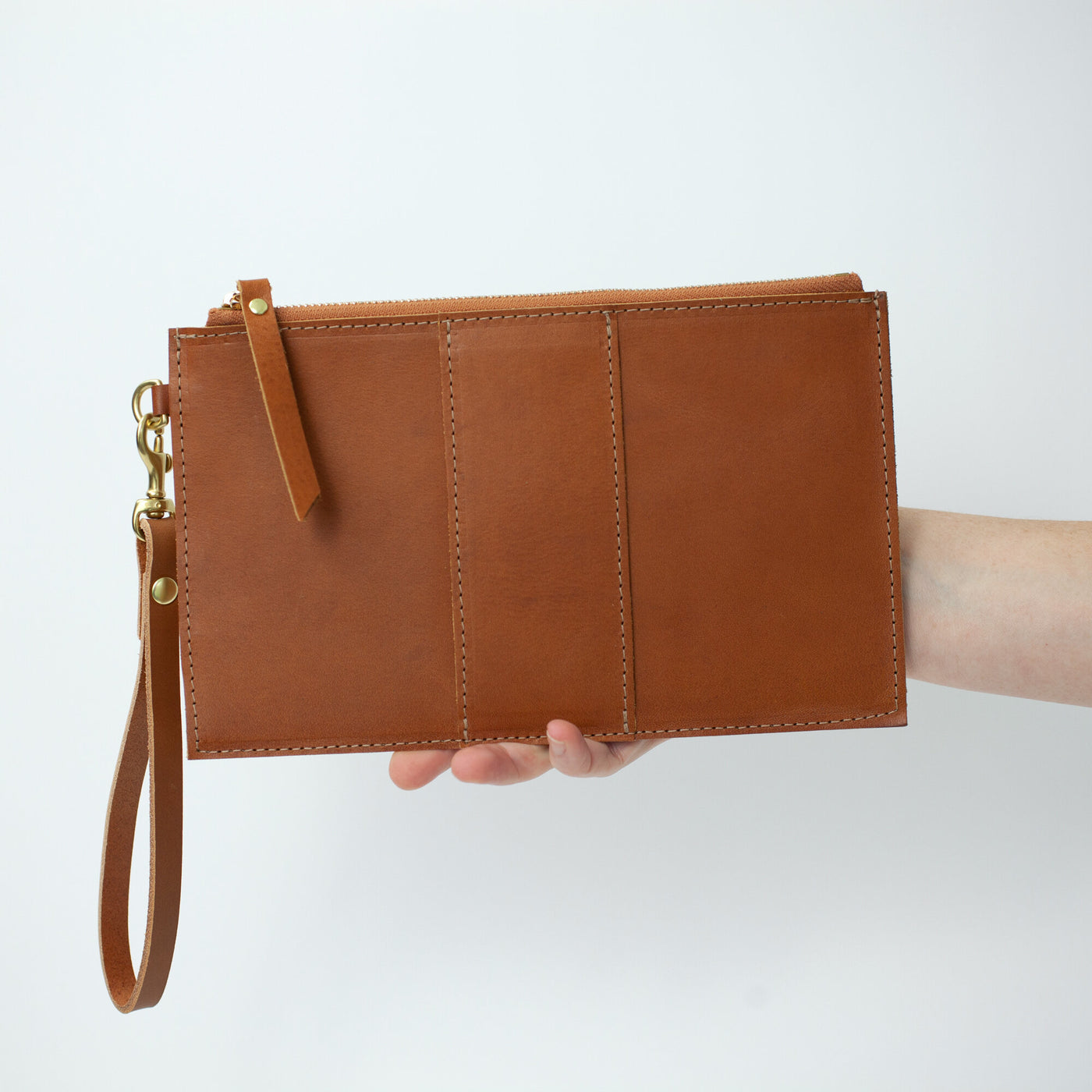 Monogrammed Leather Clutch Wristlet - Tan