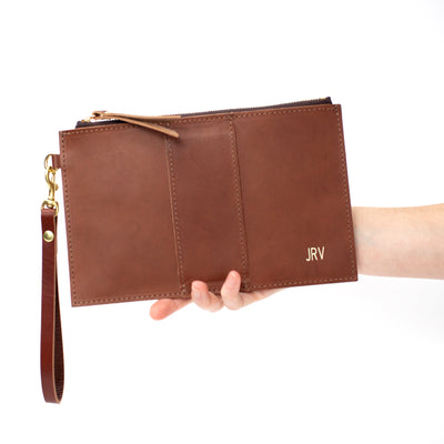 Monogrammed Leather Clutch Wristlet - Brown