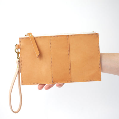 Monogrammed Leather Clutch Wristlet - Beige