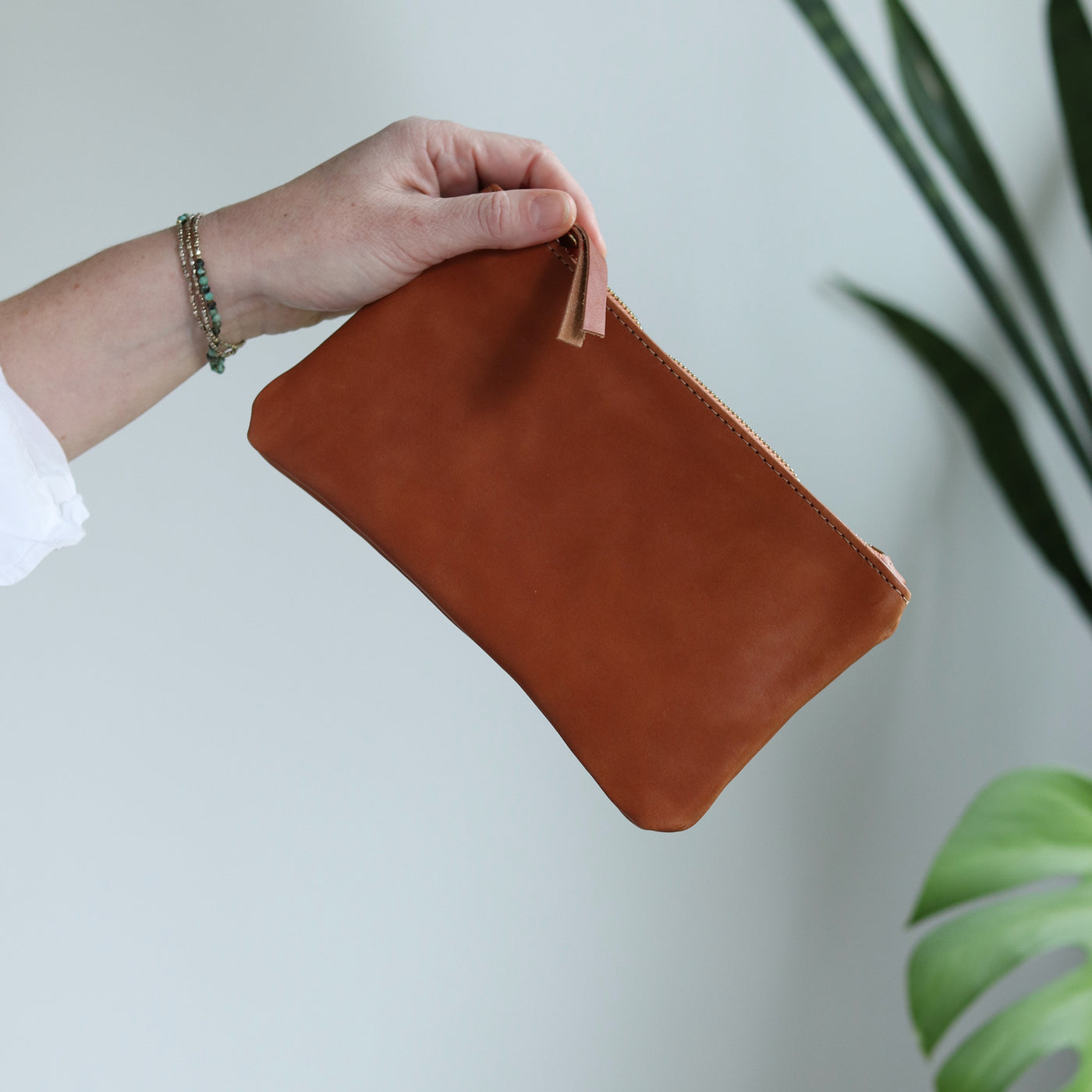 Leather Zip Clutch - Smooth Cognac Brown