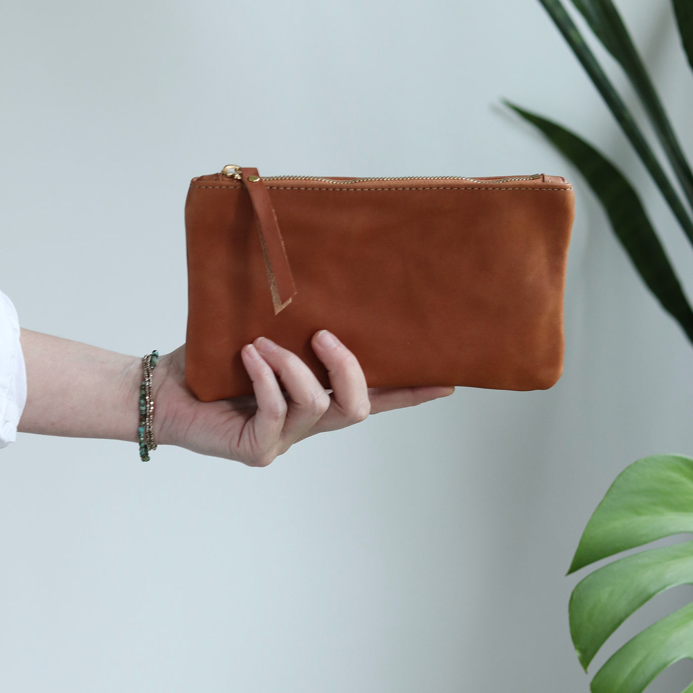 Leather Zip Clutch - Smooth Cognac Brown