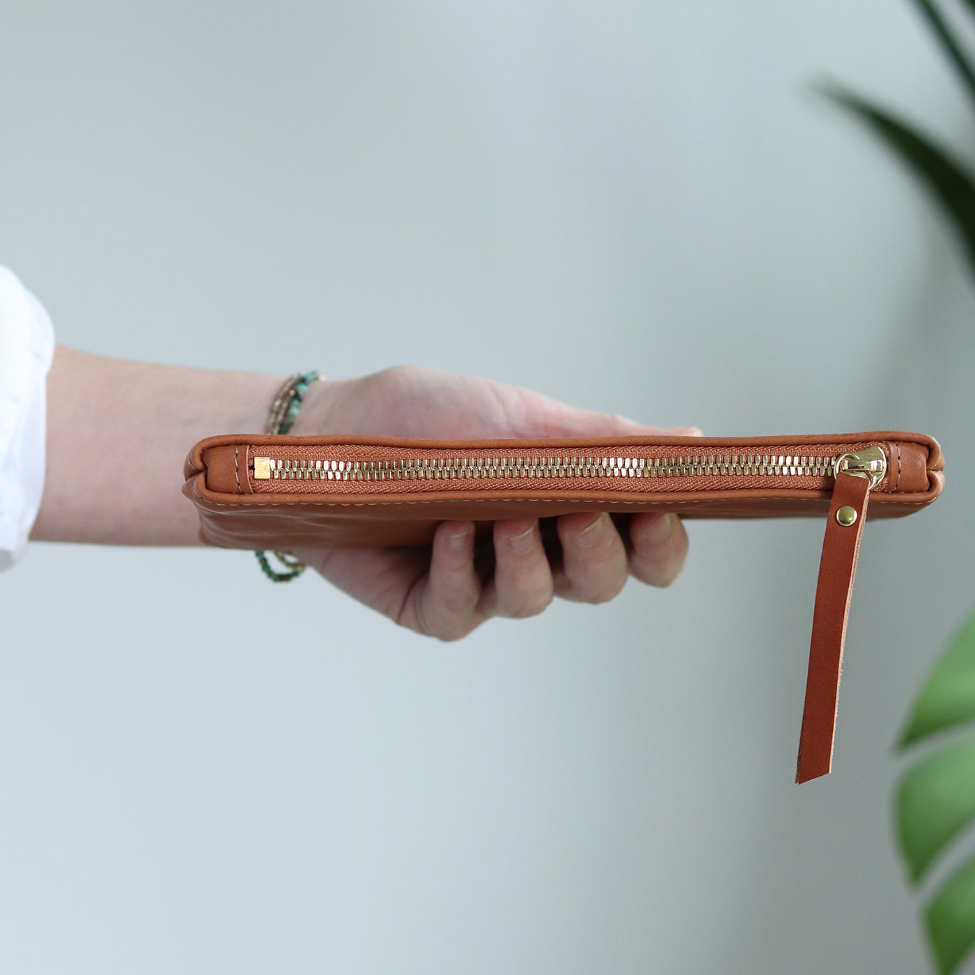 Leather Zip Clutch - Smooth Cognac Brown