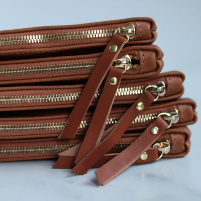 Leather Zip Clutch - Smooth Cognac Brown