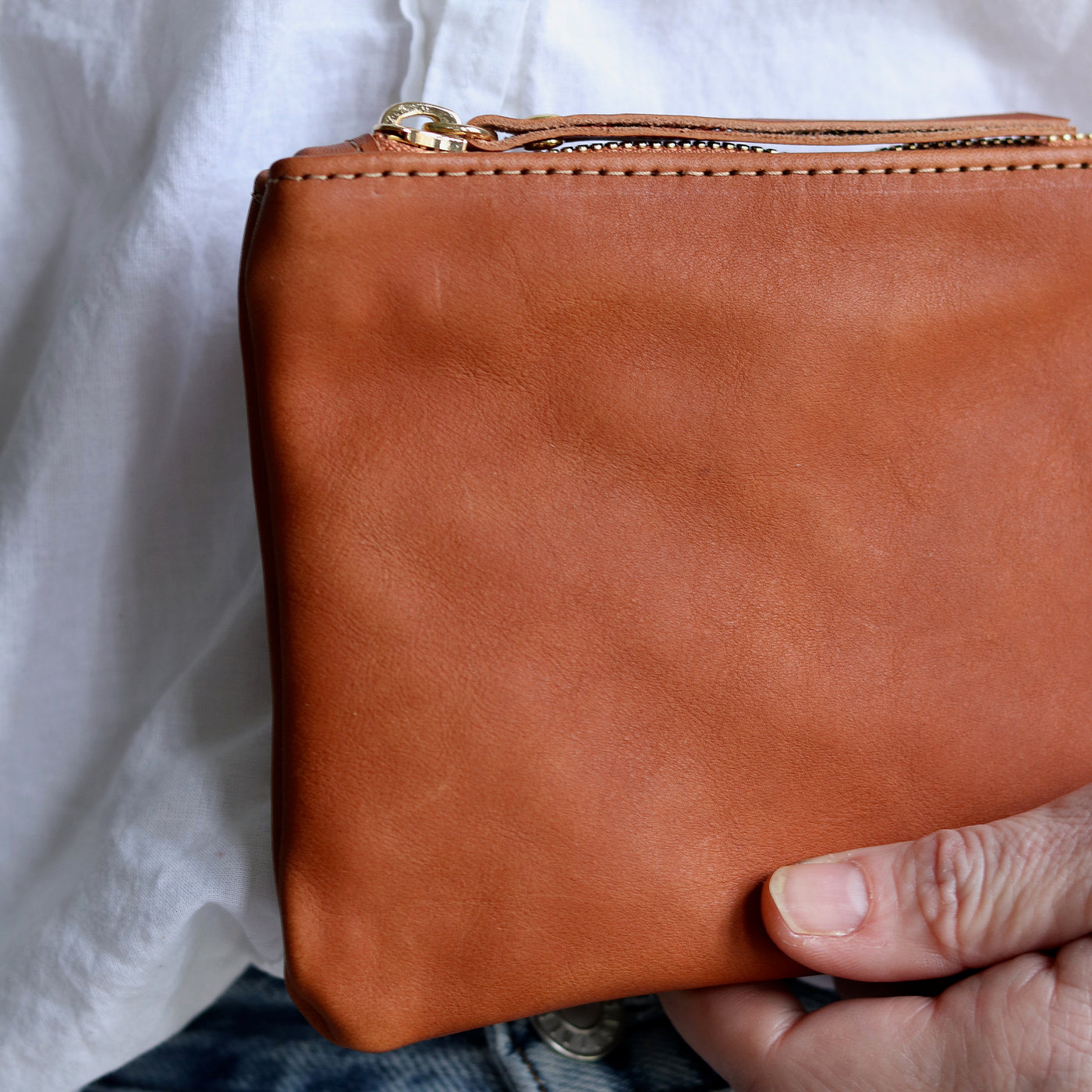 Leather Zip Clutch - Smooth Cognac Brown