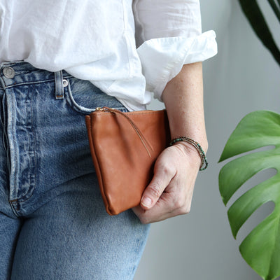 Leather Zip Clutch - Smooth Cognac Brown