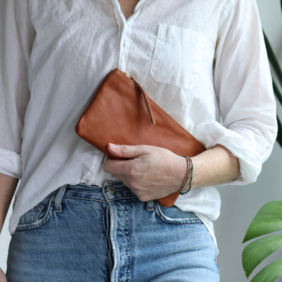 Leather Zip Clutch - Smooth Cognac Brown